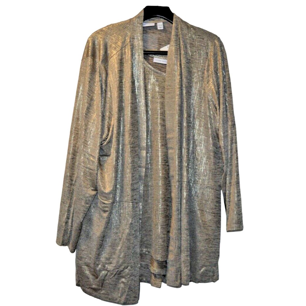 SUSAN GRAVER Foil Print Cardigan & Tank Set SZ 3X NEW Gold